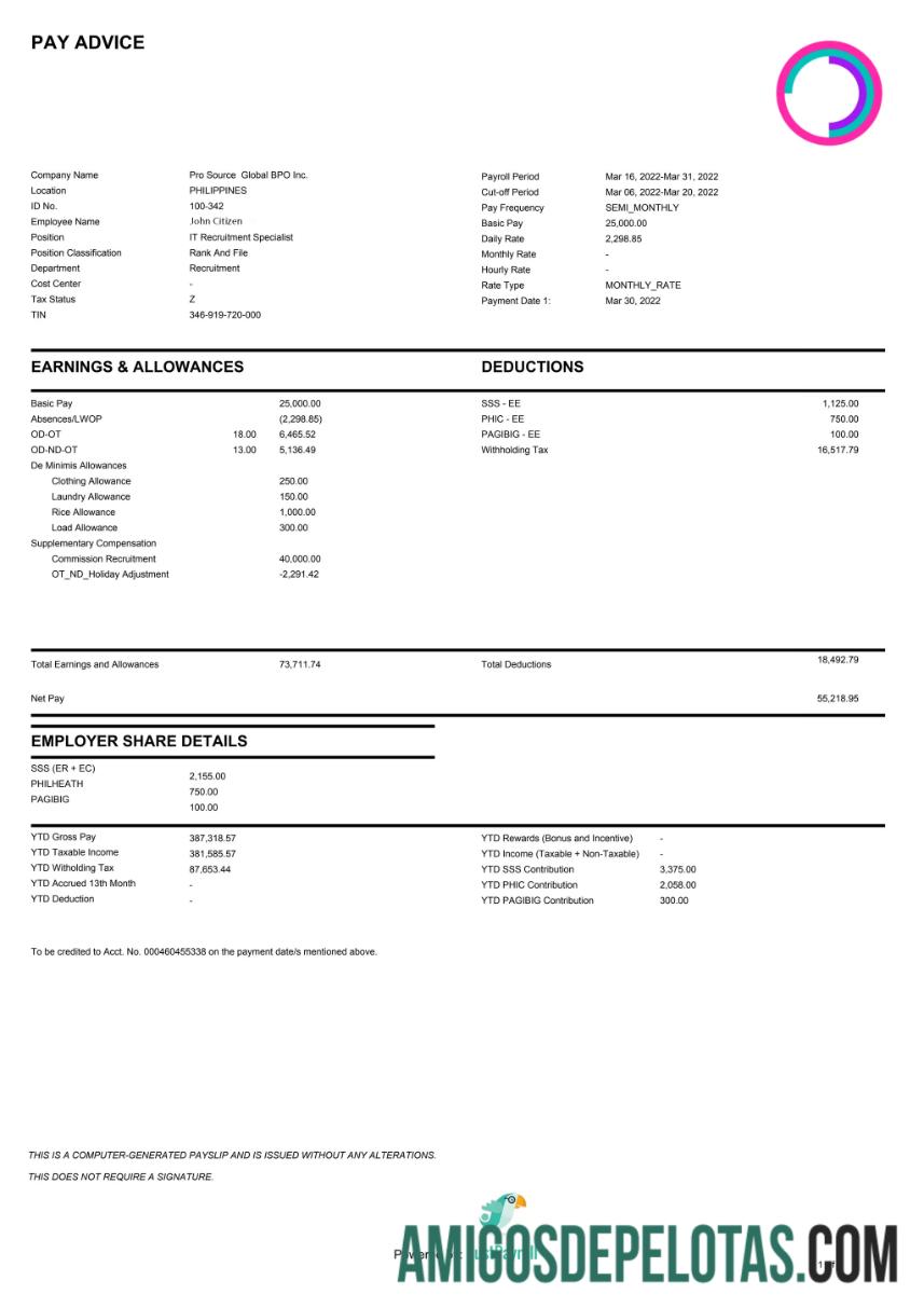 FILIPPINES PRO Source Global BPO Inc. Paystub em formato Word e PDF modelo